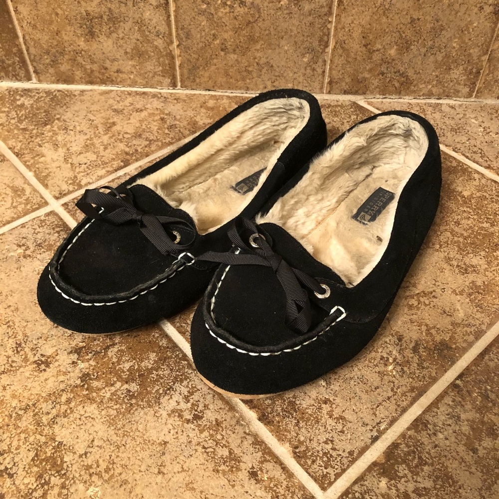 BLACK & CREAM FUR SPERRY SLIPPER SLIDE HOUSE SHOE
